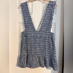ZARA TEXTURED PINAFORE BLUE TWEED OVERALL DRESS SZ L NWOT